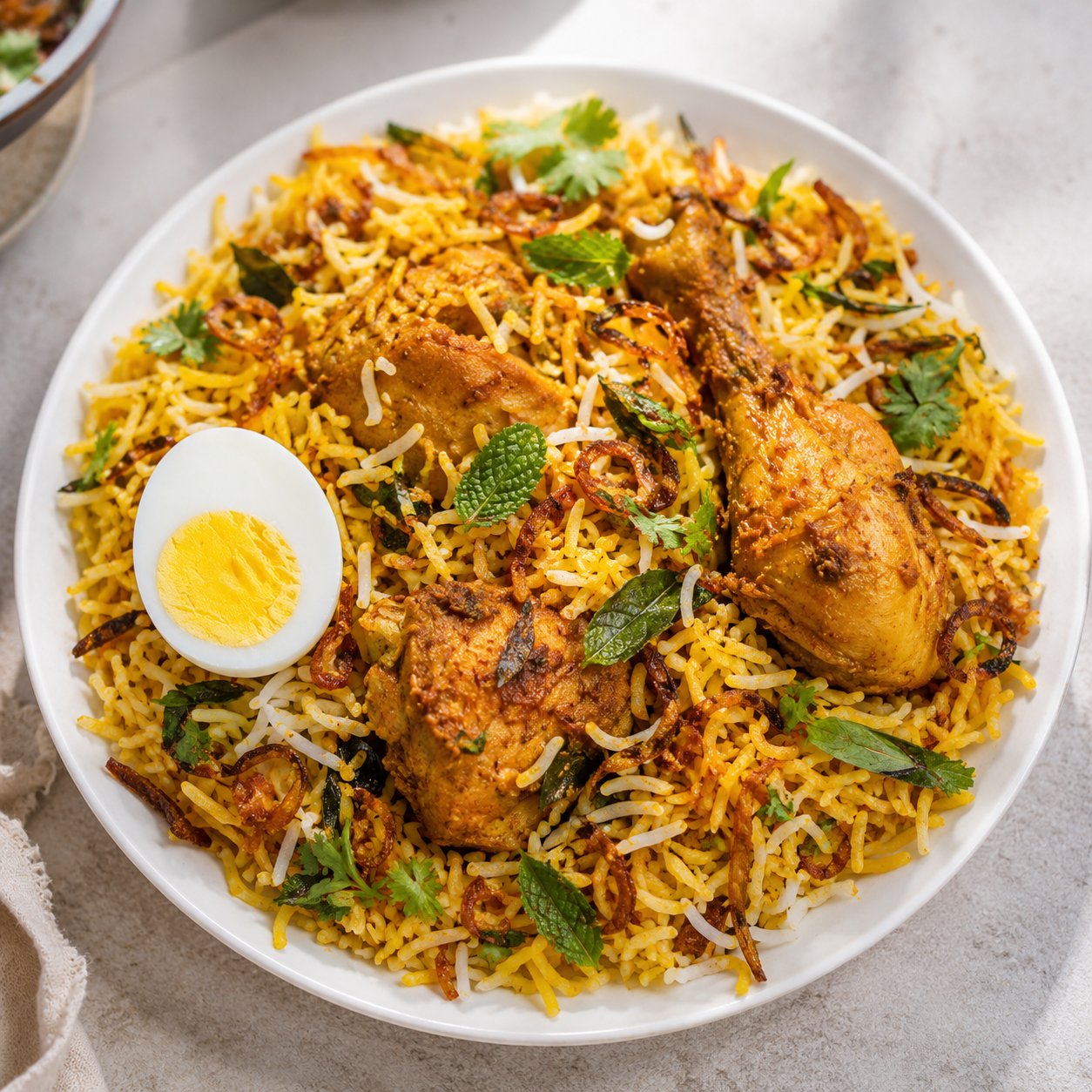Biryani served with rice, masala, and egg