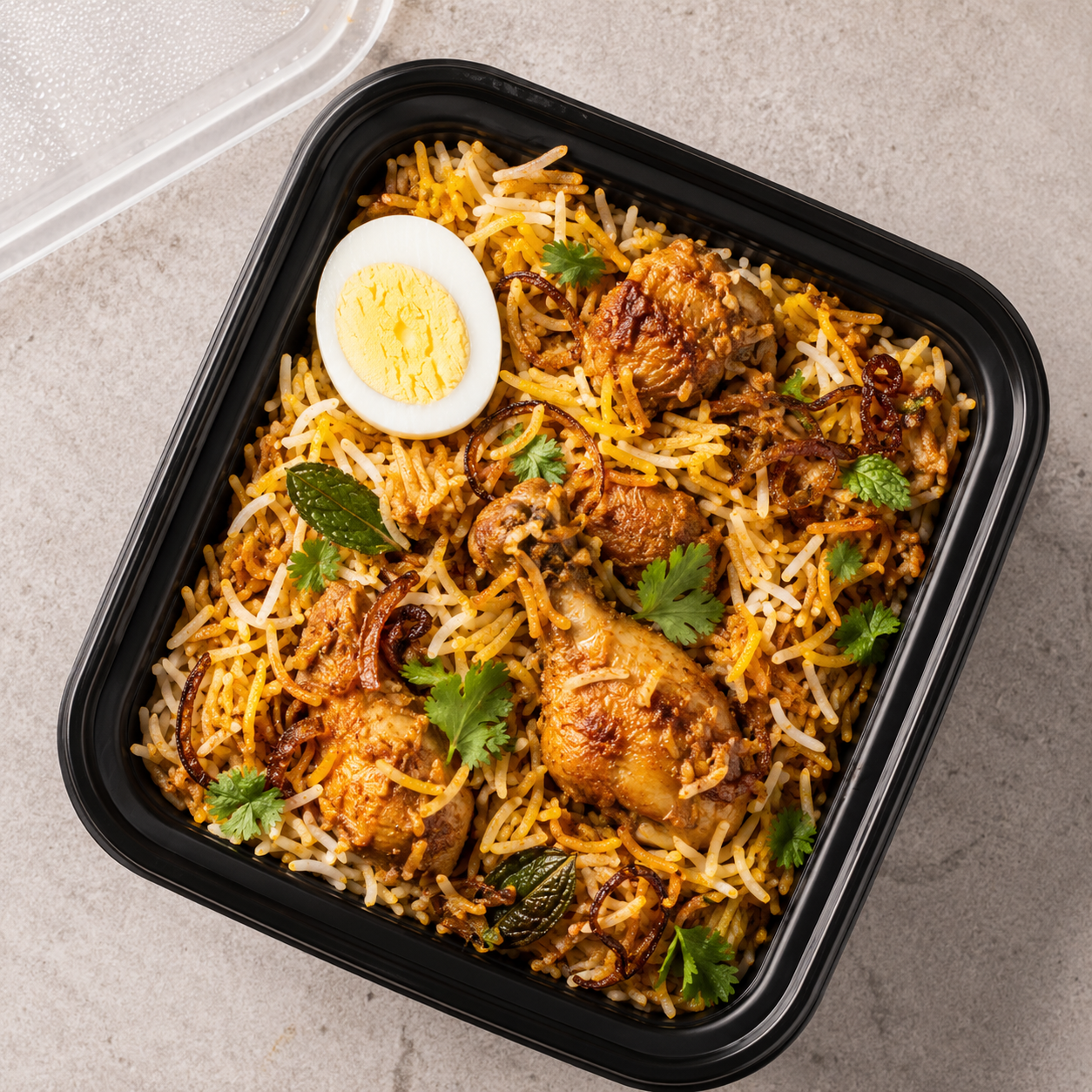 A plate of biryani with warm spices