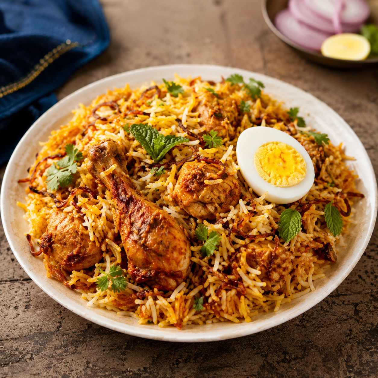 Half egg served with half biryani